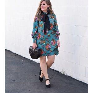 Halogen Floral Teal Dress with Black Bow